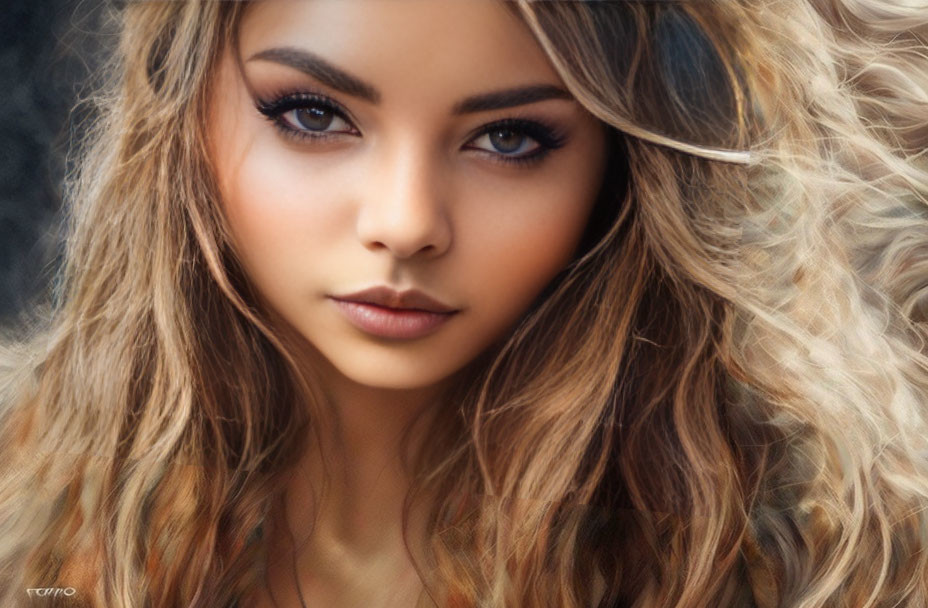 Blonde woman portrait with curly hair and brown eyes