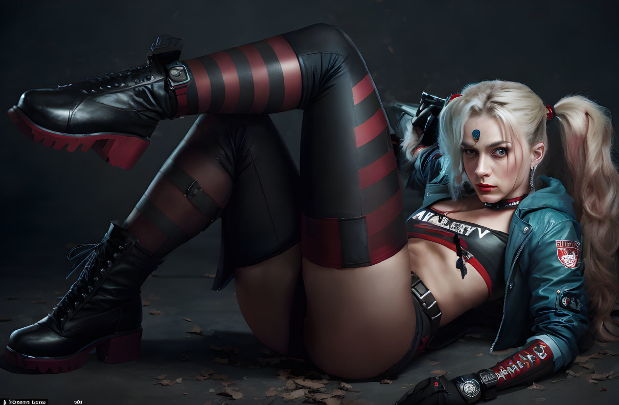 Woman in Harley Quinn costume with red and black striped leggings, jacket, and chunky boots