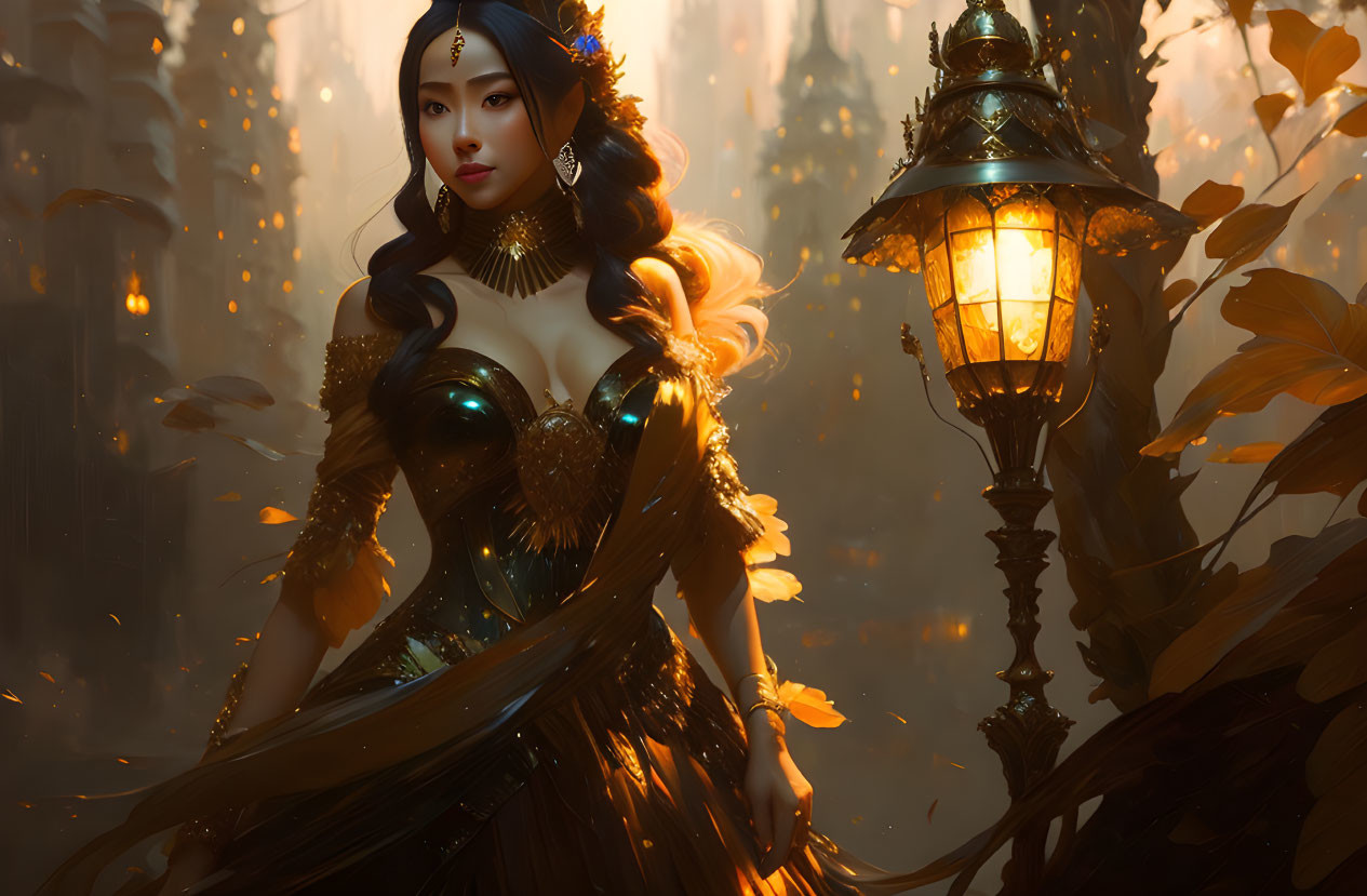 Digital artwork: Woman in gown merging with autumn leaves by ornate lamp