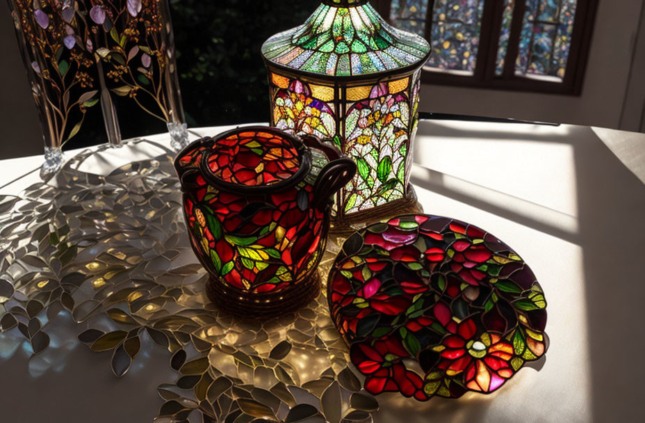 Colorful Floral Stained Glass Decor on Sunlit Table with Lamp, Cup, and Reflective Round