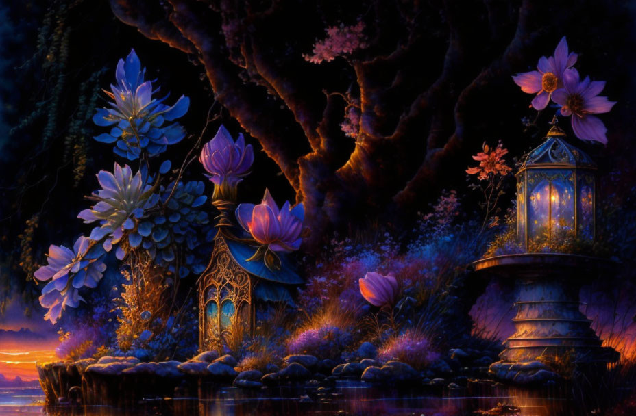 Twilight garden with luminous flowers, lanterns, and tranquil pond