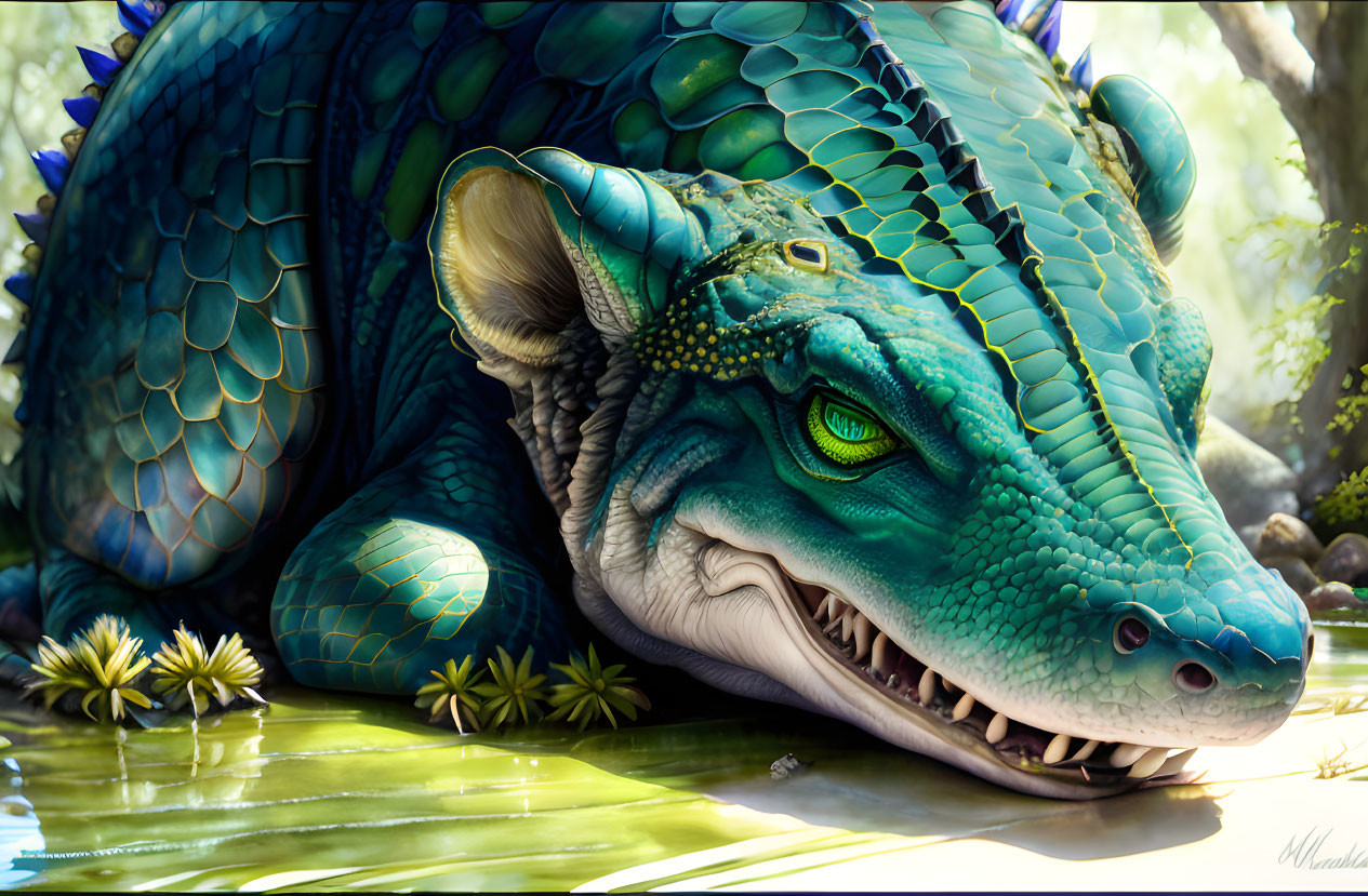 Majestic blue-green dragon by serene pond with lush vegetation
