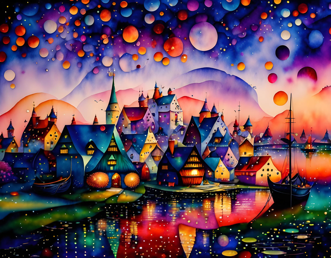 Colorful waterfront village at night with whimsical houses and boats