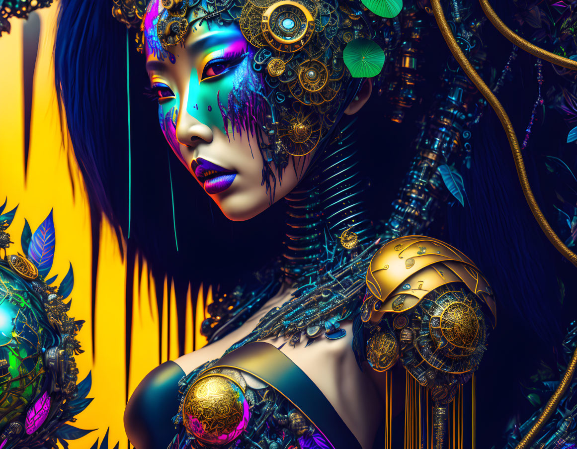 Digital artwork: Woman with cybernetic enhancements & gold-turquoise mechanical details on yellow background