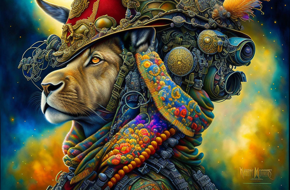 Majestic Lion in Colorful Headdress and Golden Armor on Starry Background