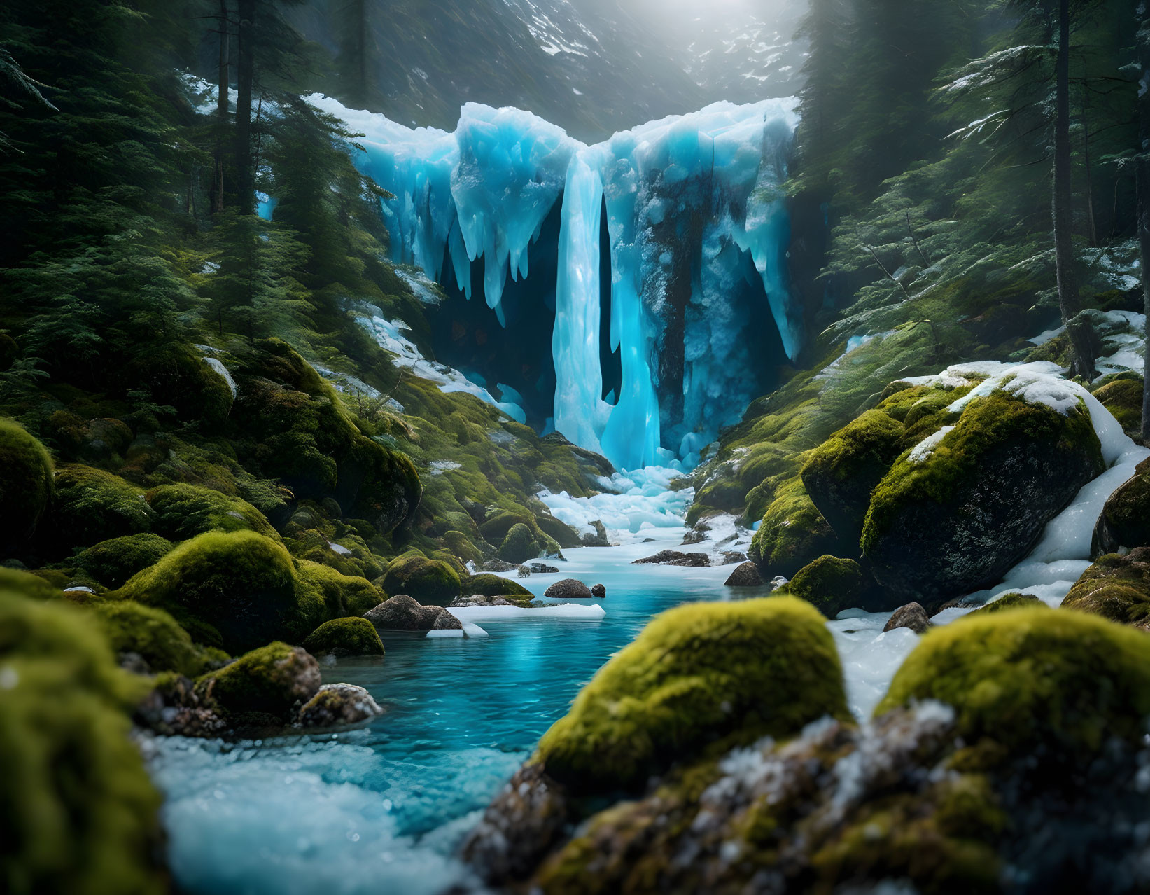 Frozen Waterfall Surrounded by Lush Forest and Stream