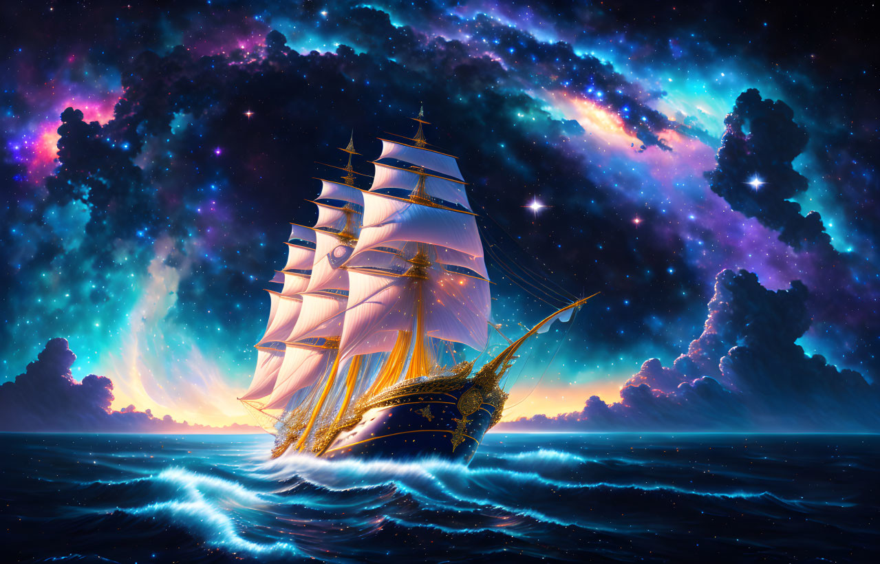 Majestic sailing ship on surreal ocean with cosmic skies