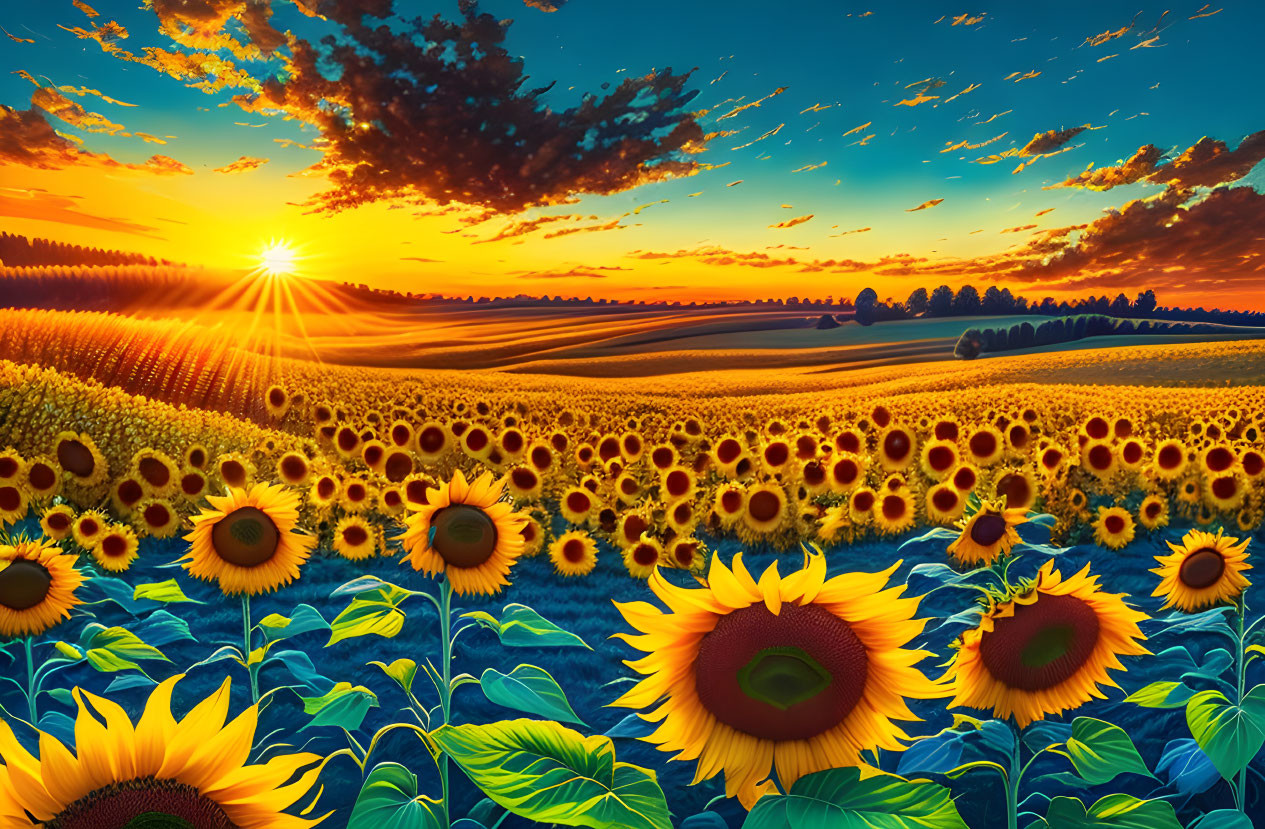 Colorful sunset scene: sunflowers, rolling hills, dramatic sky