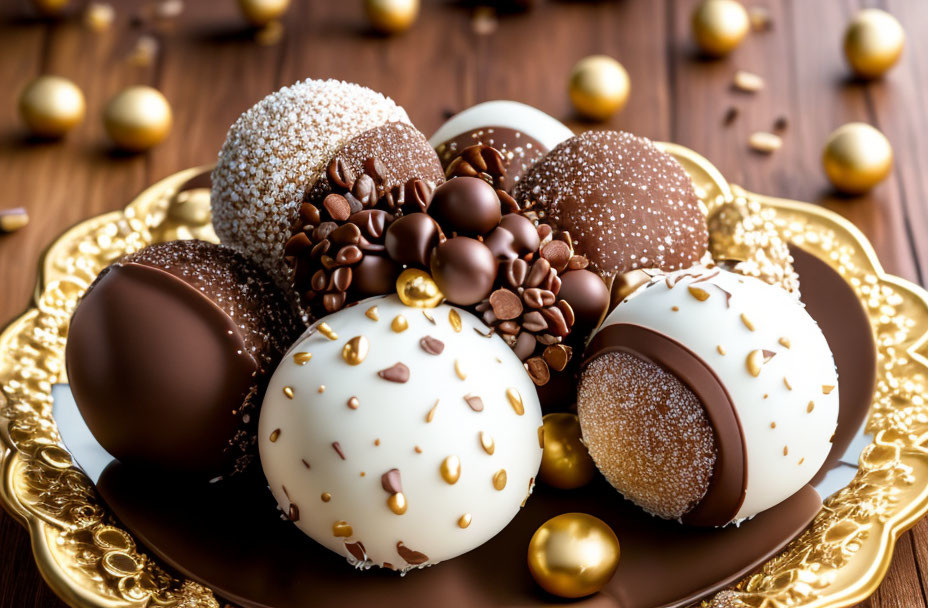 Luxurious Chocolate Truffles on Golden Plate with Toppings