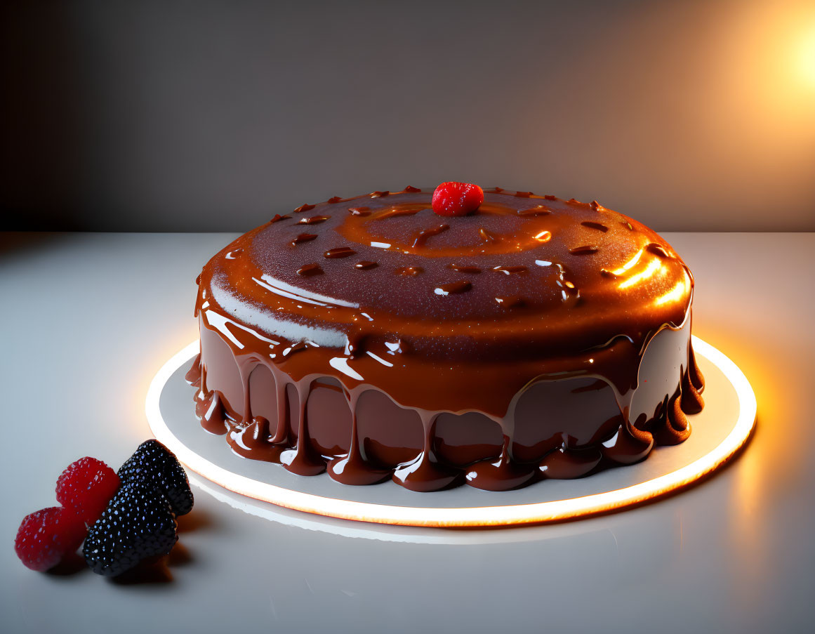 Chocolate cake with ganache and berries decoration.