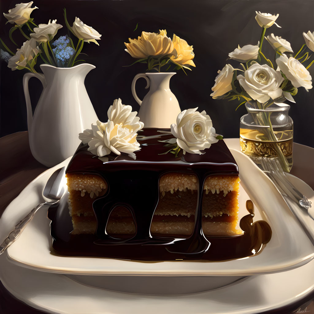 Caramel cake slice with chocolate ganache, white flowers, jug, and glass on dark background