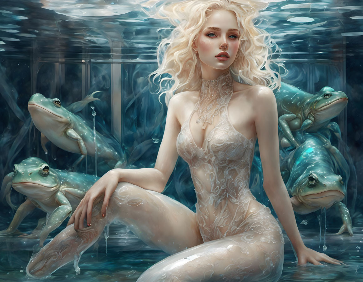 Ethereal woman with white hair in water with frogs