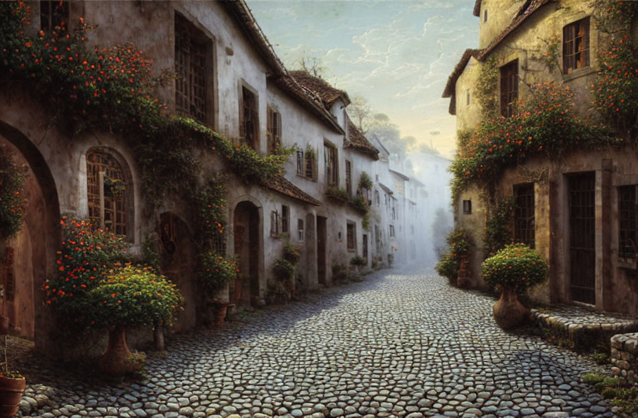 Charming cobblestone street with old-world houses and lush greenery