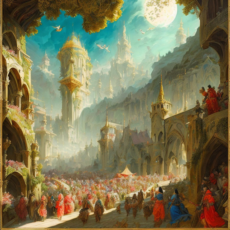 Colorful fantasy landscape with castles, flying ships, and bustling crowd