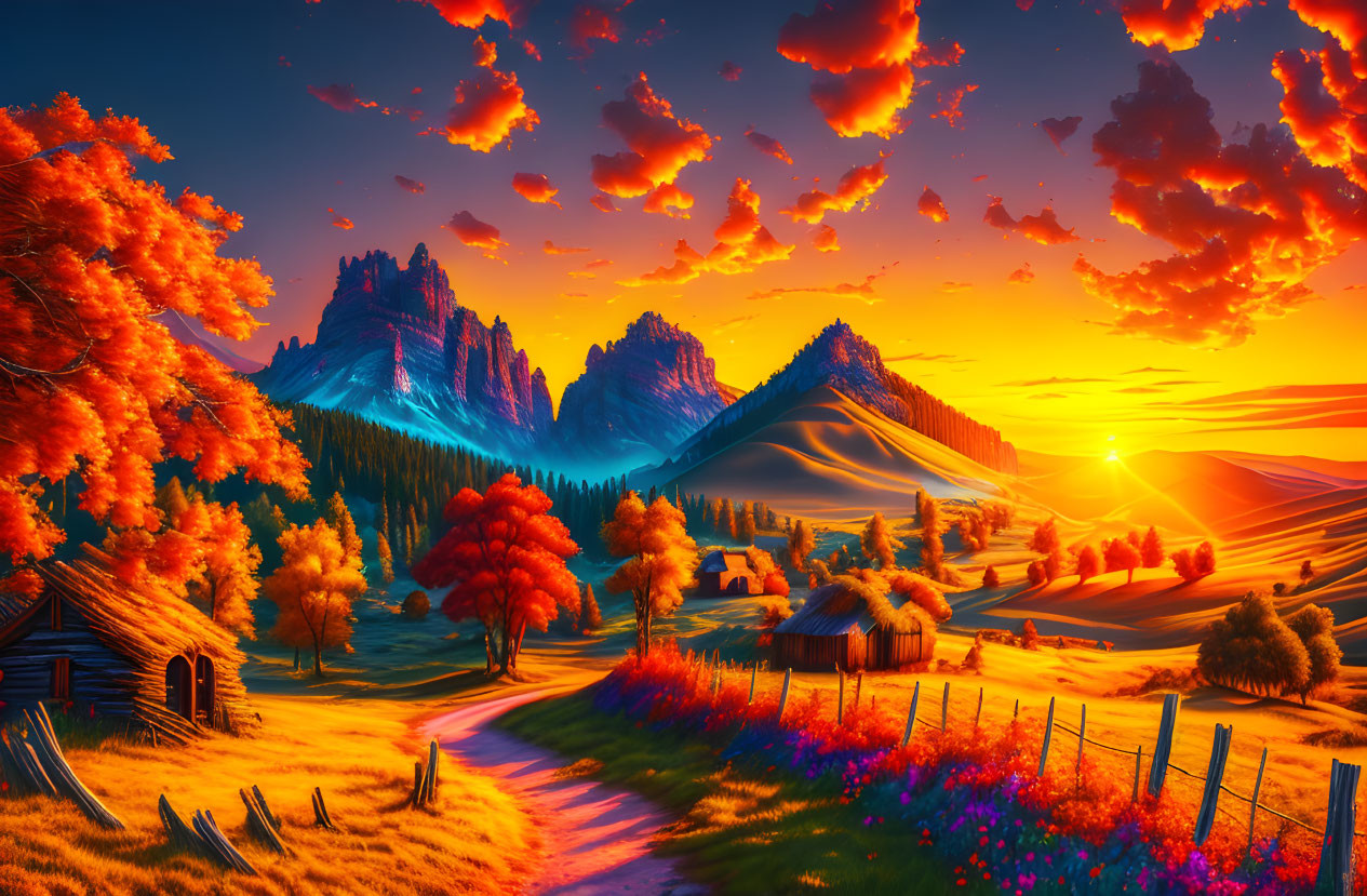 Vibrant sunset over picturesque valley with orange clouds, golden fields, autumn trees, winding path,