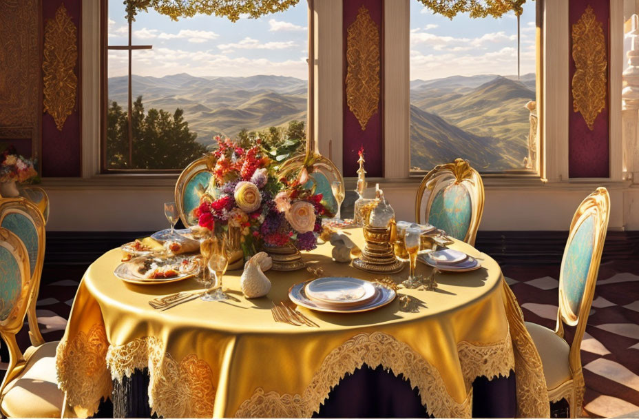 Elegant dining setup with fine china and floral centerpiece overlooking rolling hills.