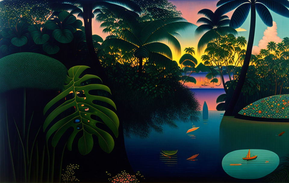 Tropical scene painting: lush greenery, palm trees, lake, sunset sky