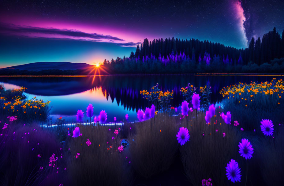 Tranquil lake sunset with starry sky and Milky Way