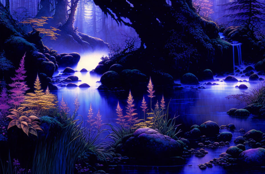 Enchanting twilight forest with bioluminescent plants and ethereal glow