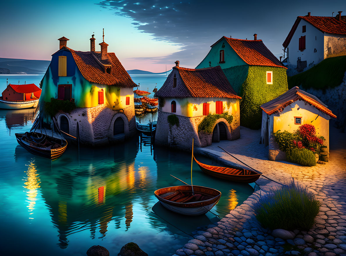 Colorful Coastal Village at Twilight with Calm Water and Docked Boats