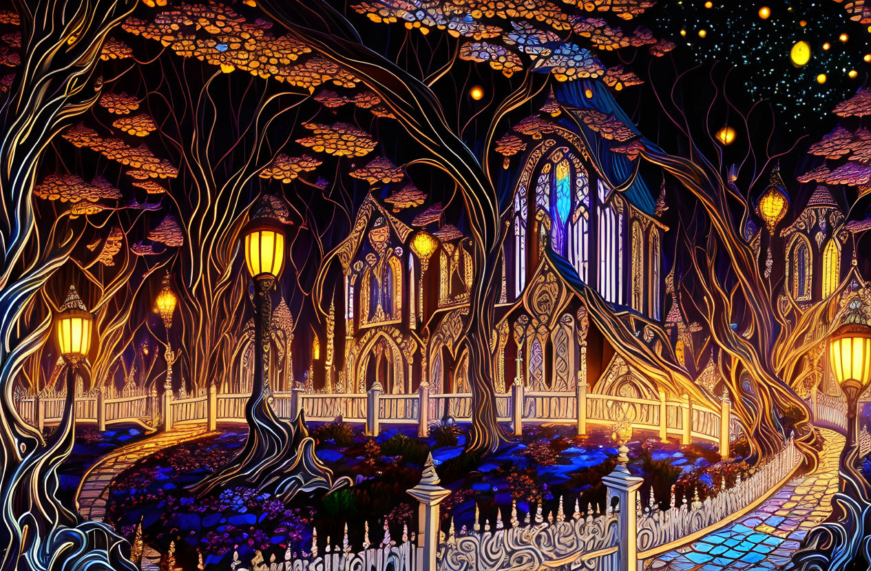 Fantasy Artwork: Vibrant Magical Garden with Elaborate Trees & Starry Sky