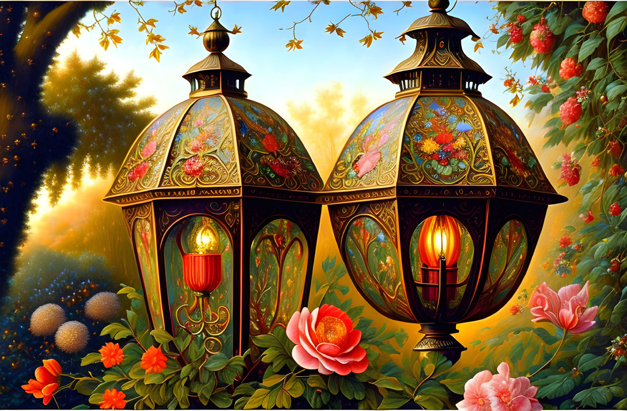 Glowing candle lanterns in lush floral setting with dappled sunlight