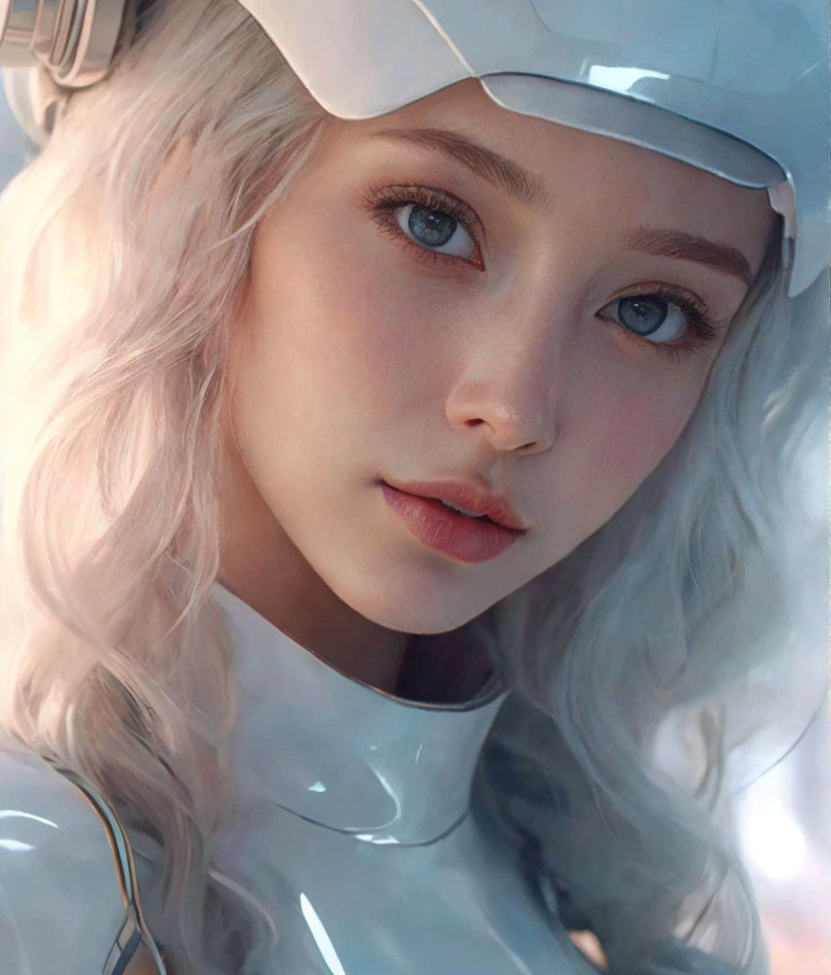 Digital artwork: Woman with white hair and futuristic headset in soft lighting