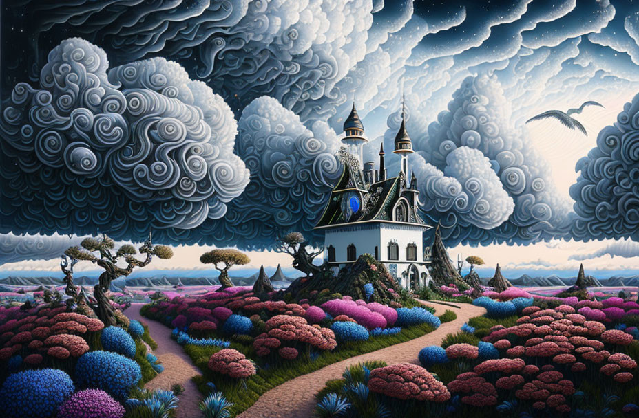 Whimsical castle in colorful fairytale landscape