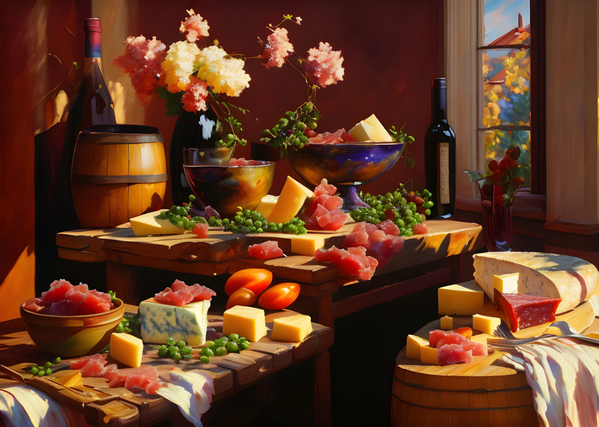 Luxurious still life with cheeses, grapes, wine, and blossoms in sunlight