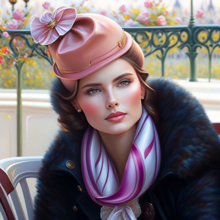 Digital artwork featuring woman in pink hat, scarf, and fur coat against floral background.