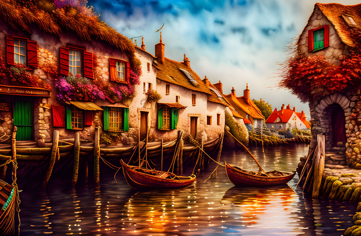 Picturesque village: thatched-roof cottages, canal, flowers, boats, sunset.