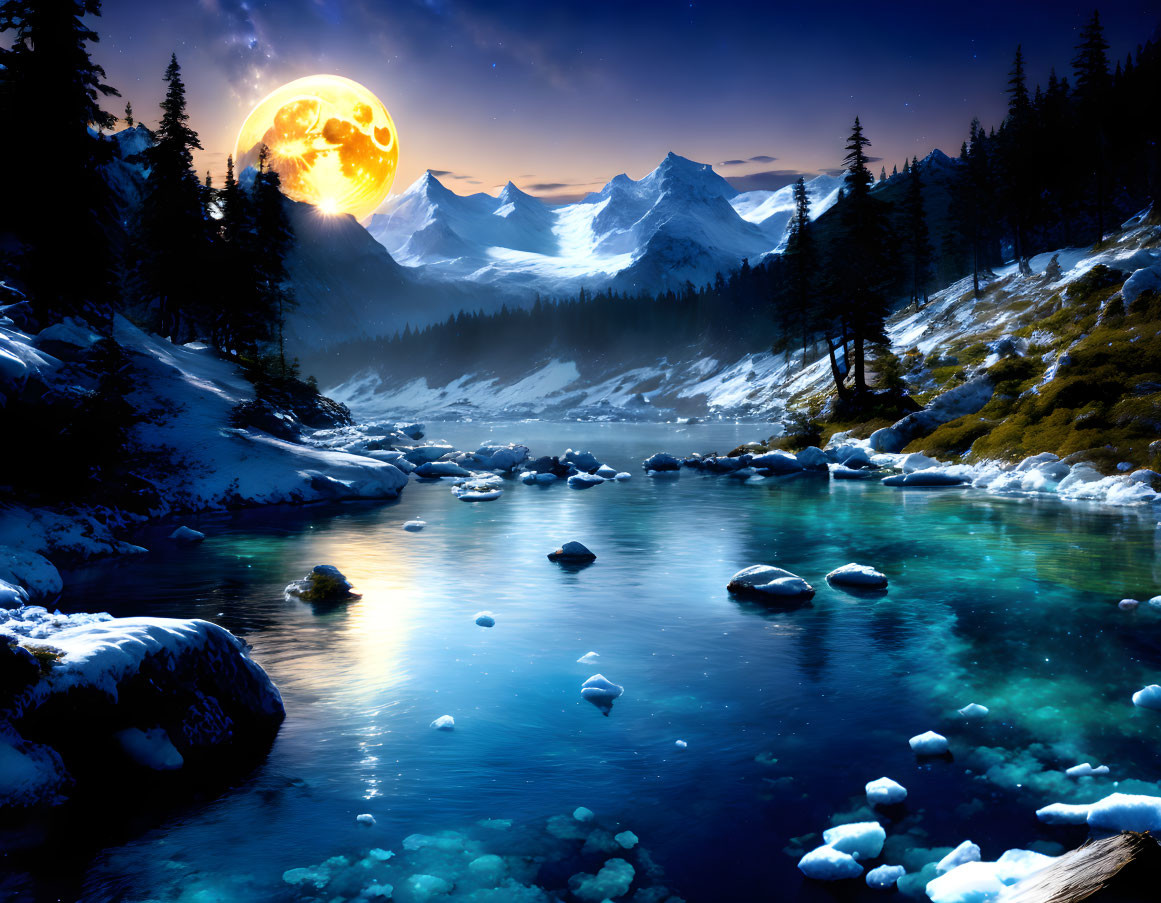 Snowy mountains under luminous full moon reflecting in blue river