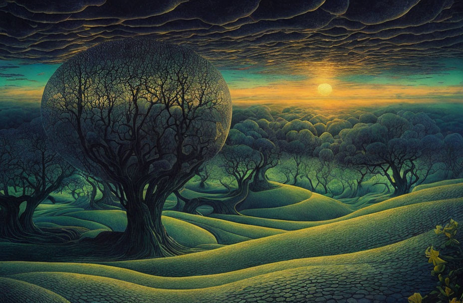 Surreal landscape with curvaceous trees, rolling hills, and radiant sky