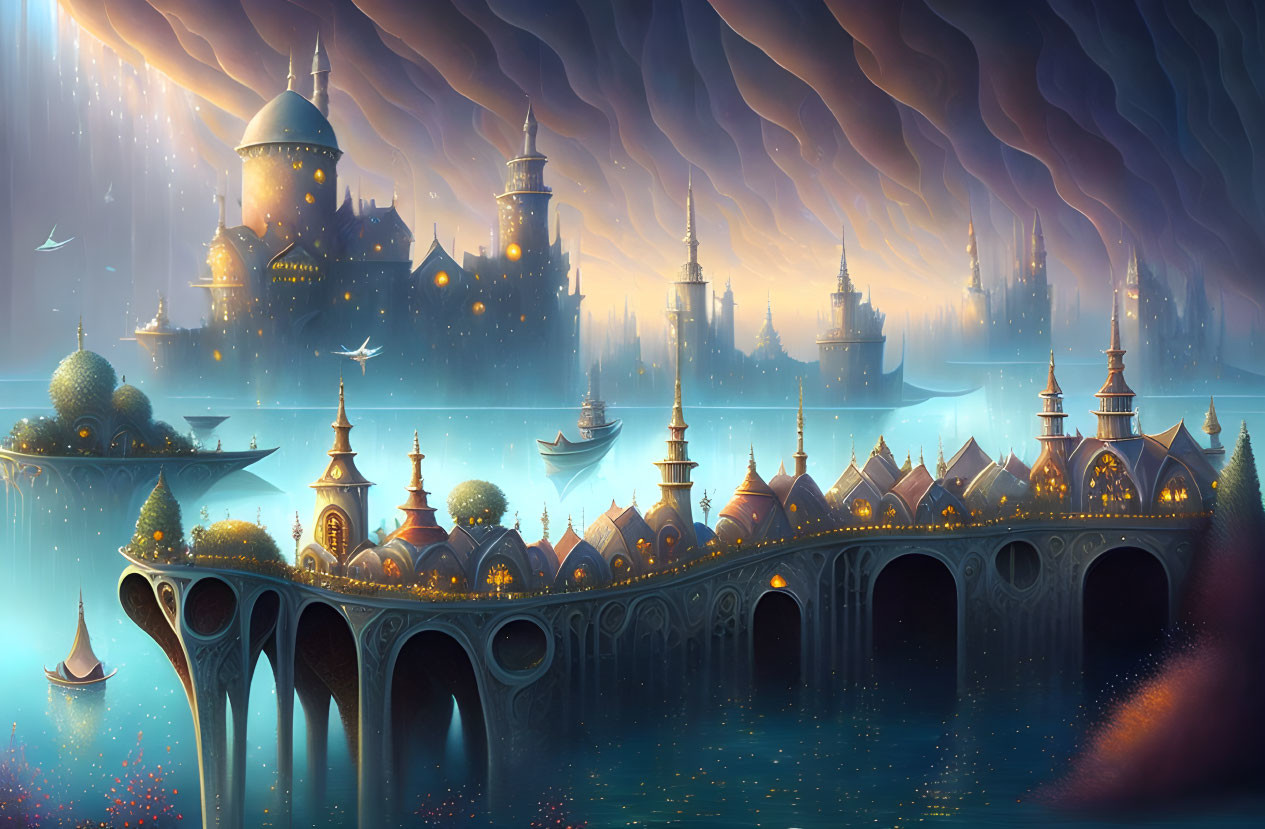 Fantasy landscape: Glowing city on water at twilight