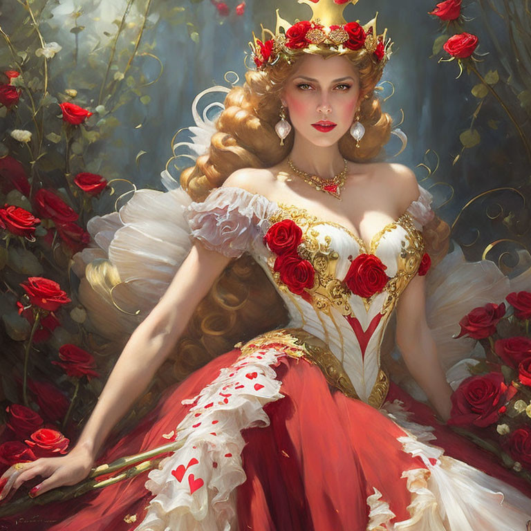 Regal woman with golden crown and red roses, white and red gown, holding a scepter in