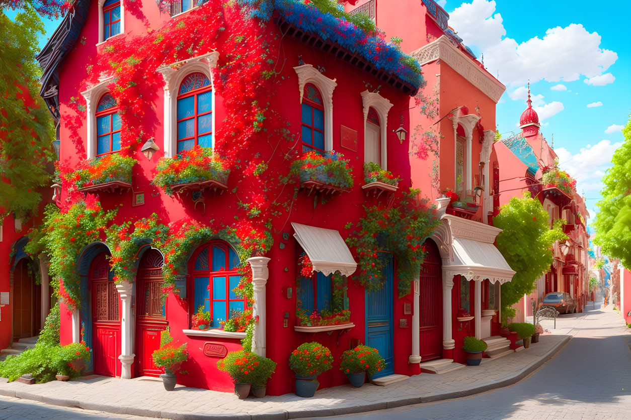 Colorful building with green plants and blue flowers under sunny sky.