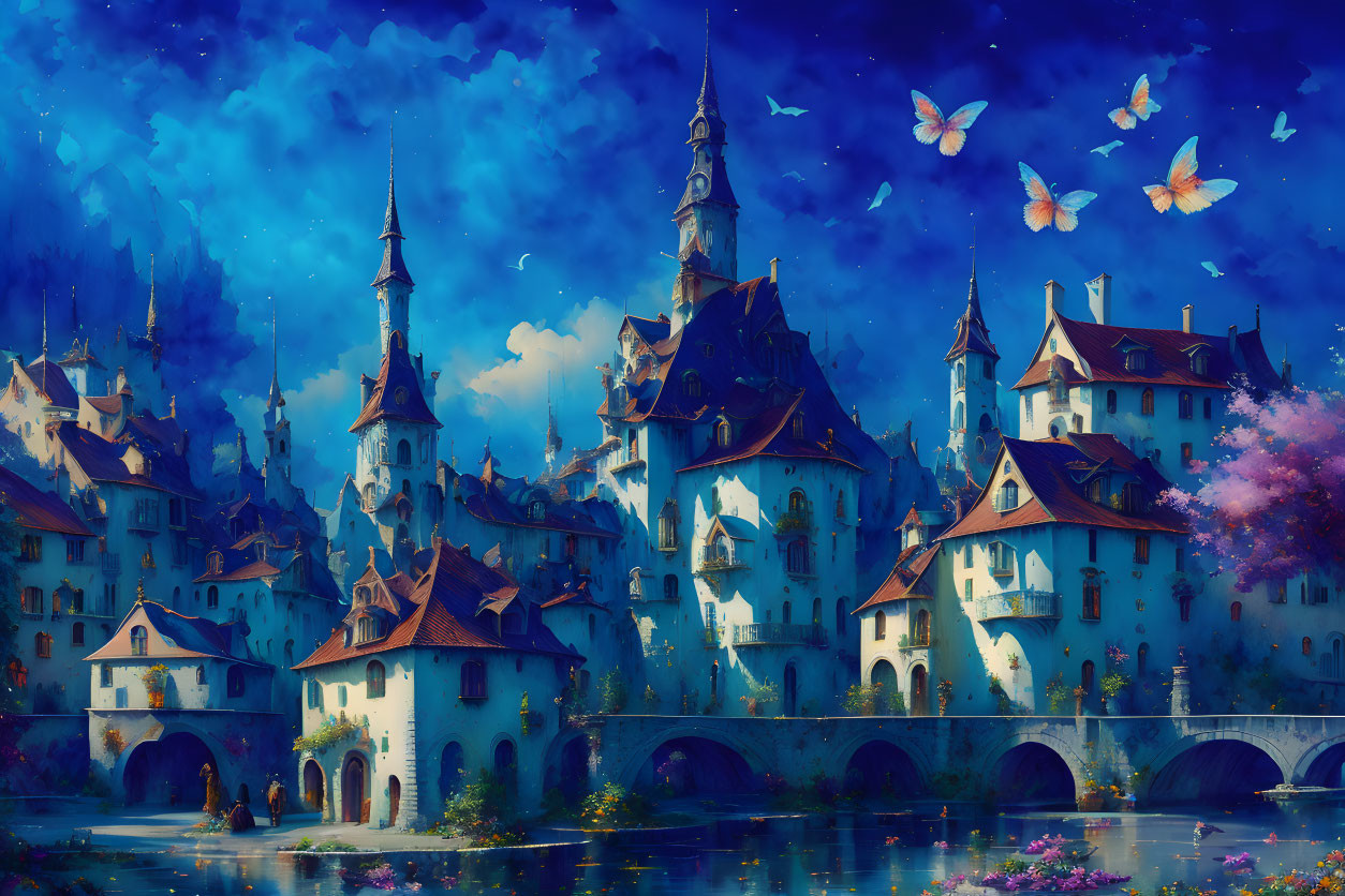 Fantastical castle with spires under vibrant blue sky and butterflies reflected in water, surrounded by lush