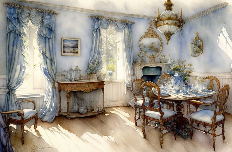 Sunlit dining room with tea set, blue curtains, classic furniture, porcelain, chandelier