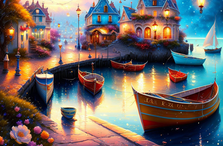 Colorful boats and glowing lights in waterfront village scene