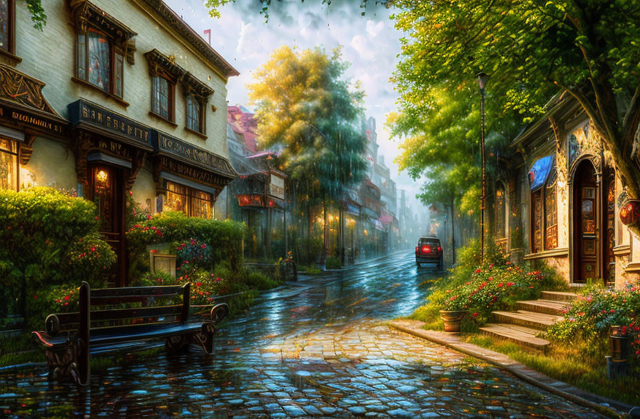 Charming cobblestone street with scenic buildings and greenery