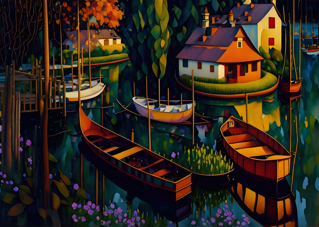 Colorful riverside scene with houses, boats, and lush greenery at twilight