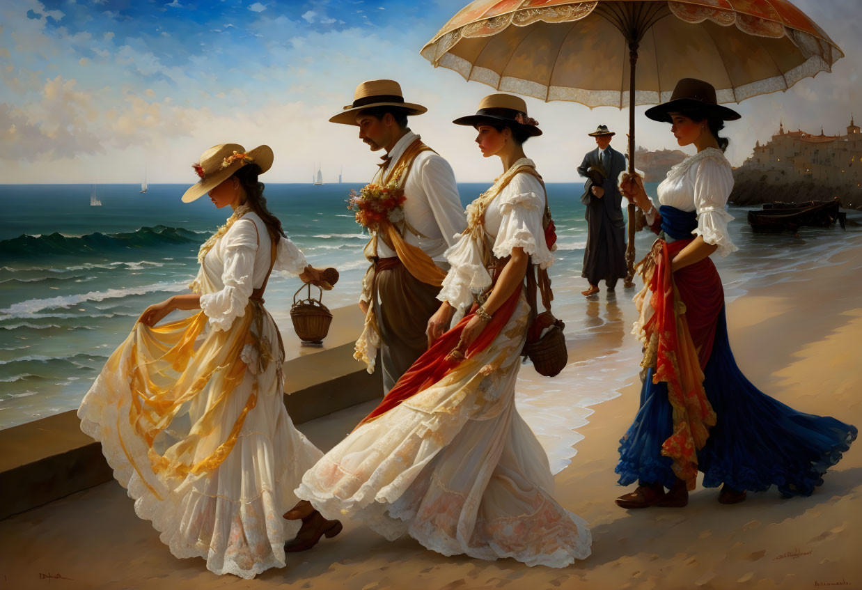 Elegantly dressed group on beach with parasols and sailboats