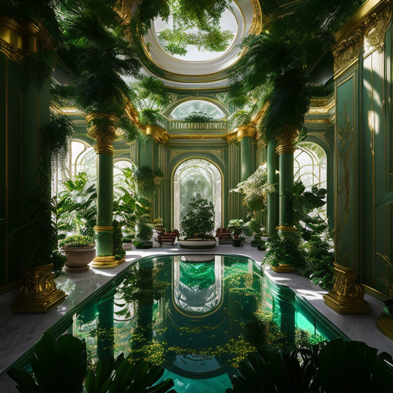 Luxurious Indoor Garden with Greenery, Columns, and Reflective Pool