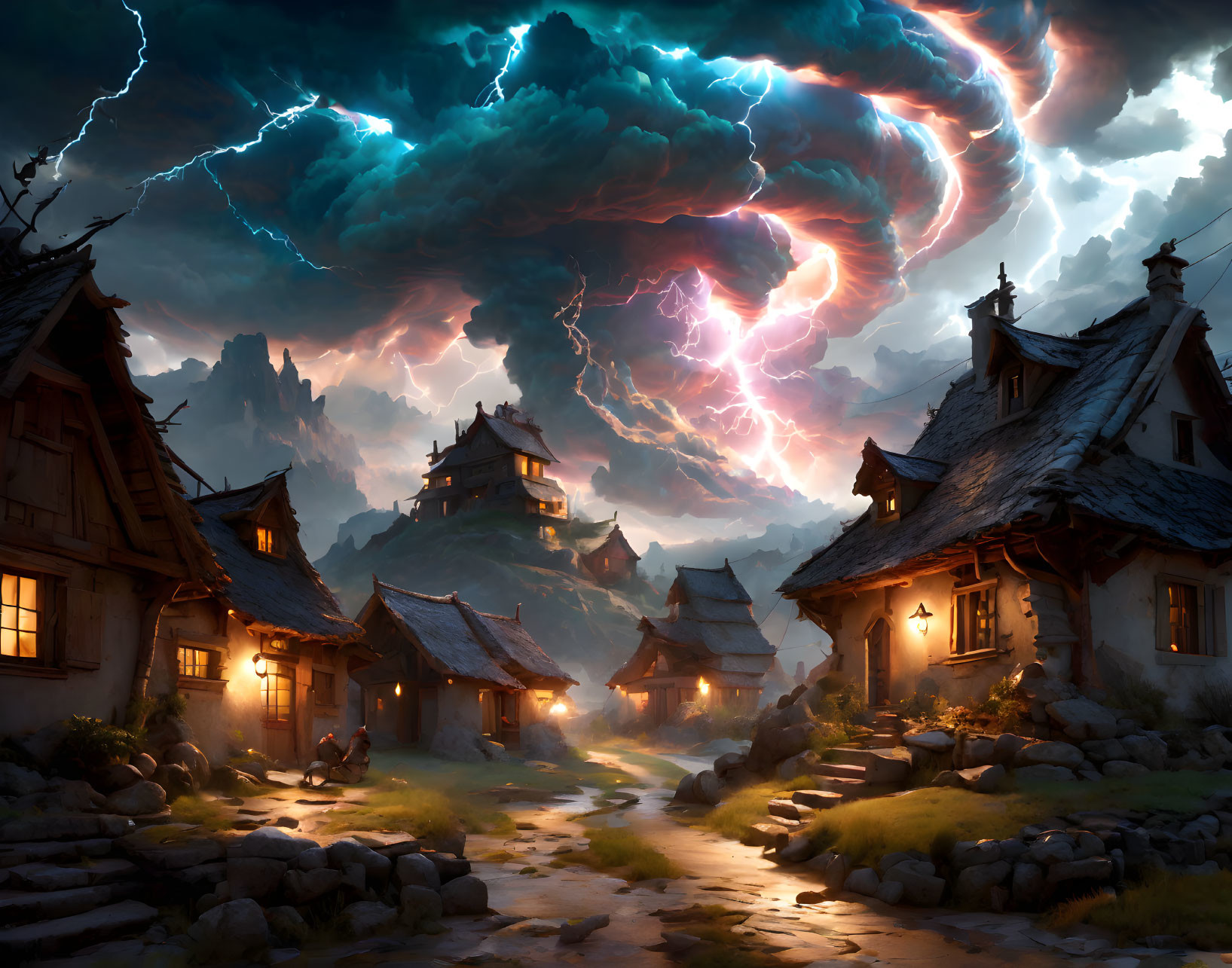 Traditional houses in ancient village under dramatic lightning sky at dusk