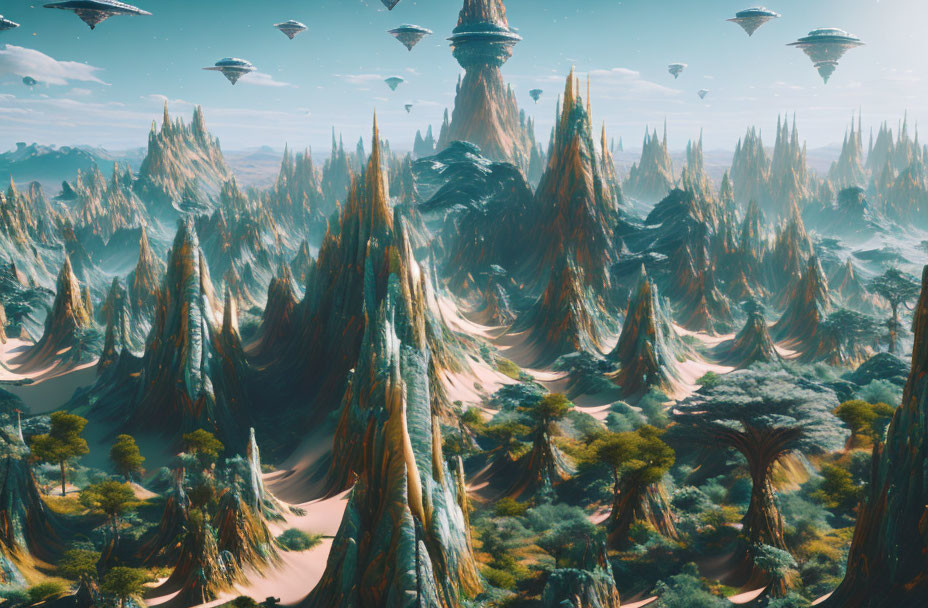 Majestic mountains and futuristic cities in lush landscape