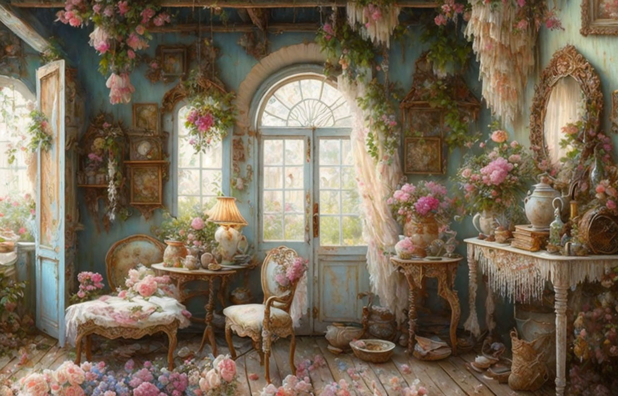 Vintage room with flowers, antique furniture, pastel walls, large window