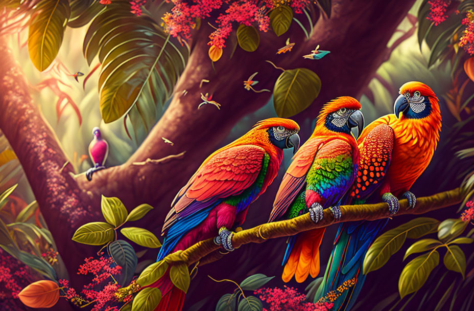 Colorful Macaws in Vibrant Forest Setting with Distant Bird