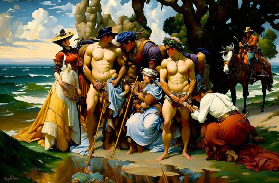 Surrealist painting of muscular cowboys with classical figures by the sea