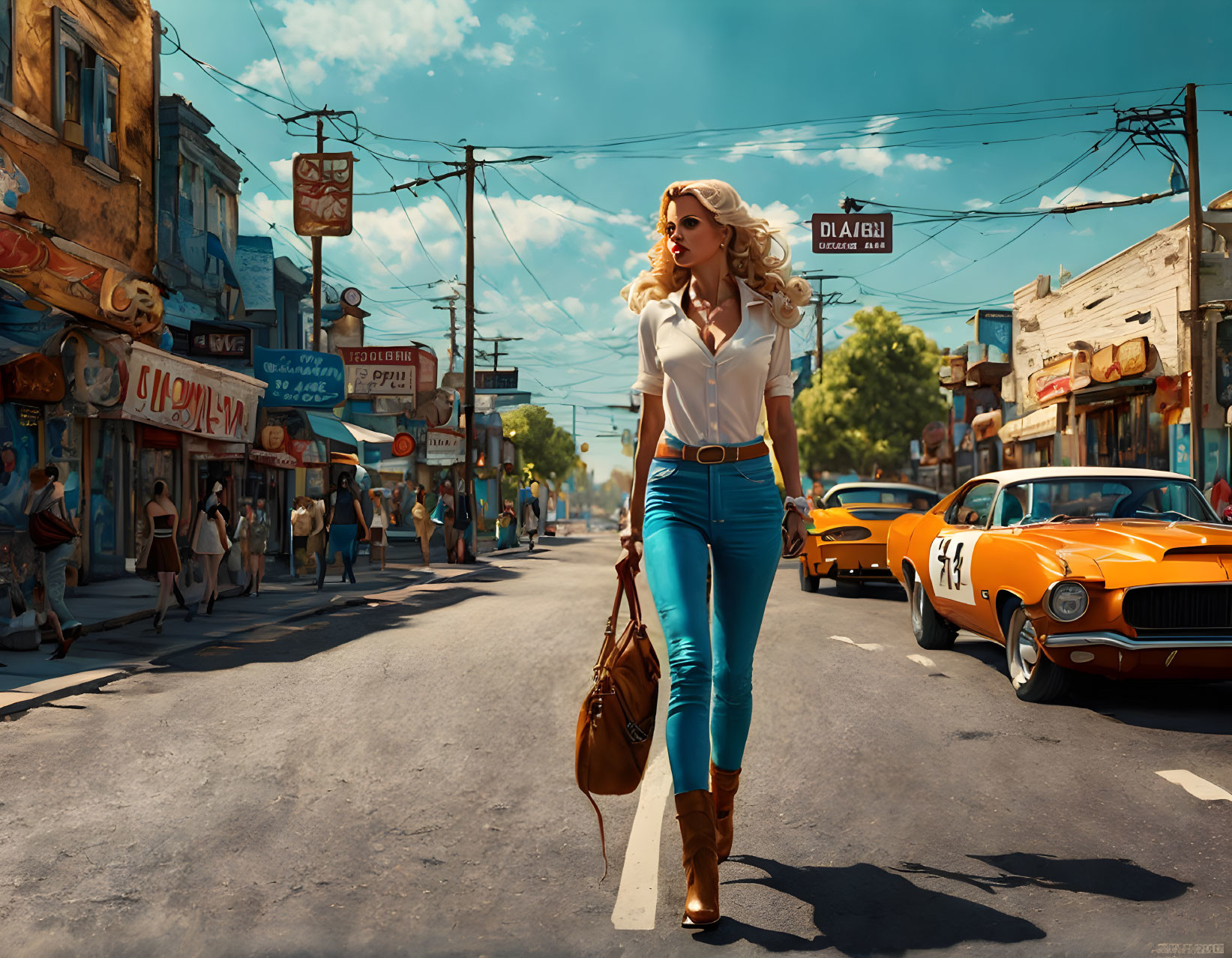 Stylish Woman Walking on Sunny 1950s-60s American Street