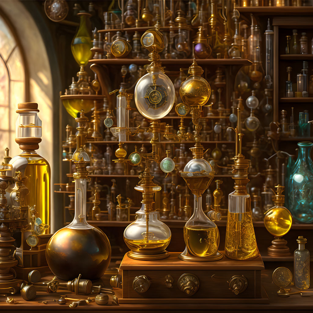 Mysterious liquids in glass vessels in alchemist's laboratory